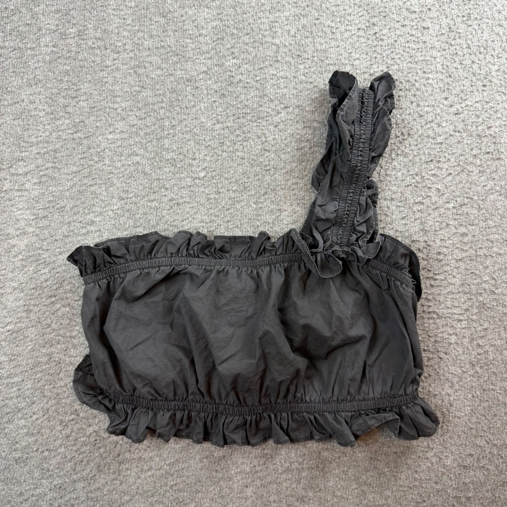 Urban Outfitters One Shoulder Crop Top Women's Large Black Ruffle Cotton Smocked